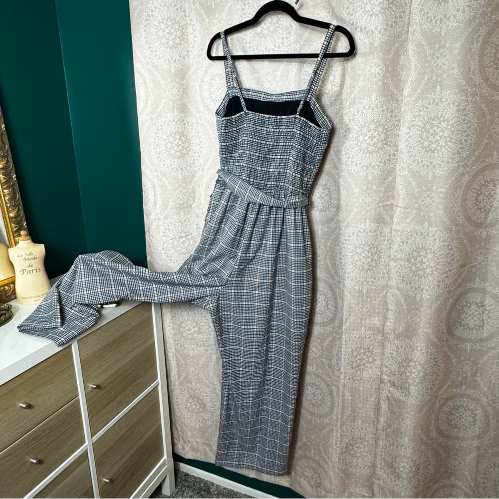 Abercrombie & Fitch Navy Yellow Checkered Plaid Sleeveless Jumpsuit w/ Tie Waist - Picture 5 of 12